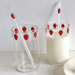 cute strawberry glass cup with straw – 300ml borosilicate aesthetic drinking tumbler