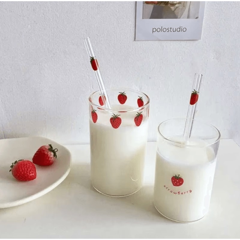 Cute Strawberry Glass Cup With Straw 300ML Borosilicate Aesthetic Drinking Tumbler 1