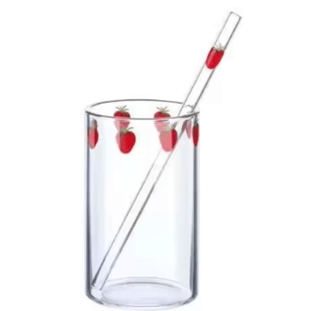 Cute Strawberry Glass Cup With Straw 300ML Borosilicate Aesthetic Drinking Tumbler 2