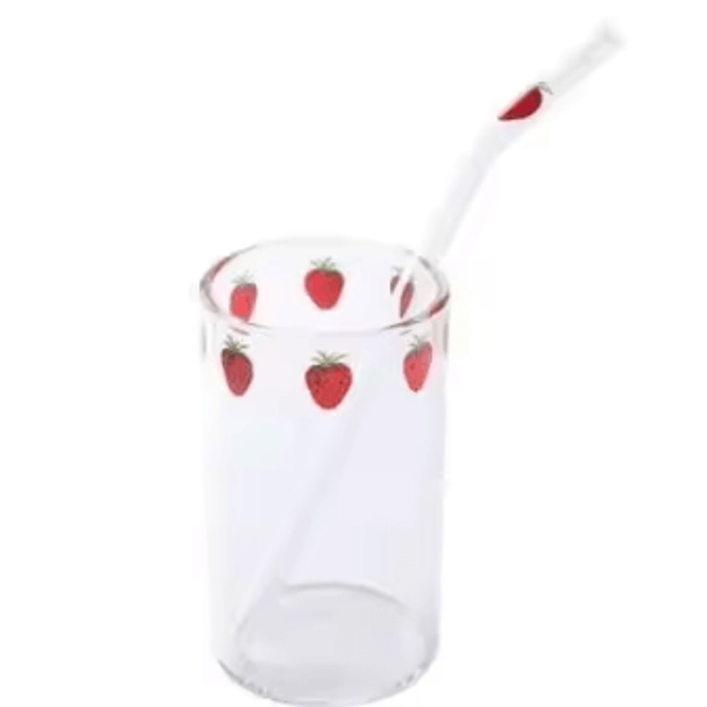 Cute Strawberry Glass Cup With Straw 300ML Borosilicate Aesthetic Drinking Tumbler 4