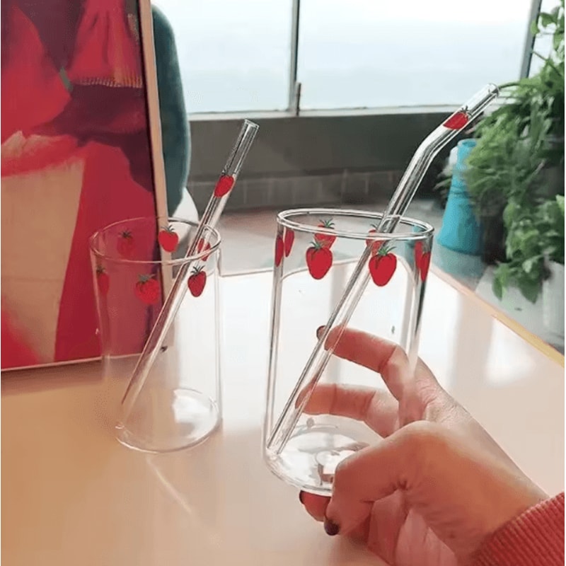 Cute Strawberry Glass Cup With Straw 300ML Borosilicate Aesthetic Drinking Tumbler 5