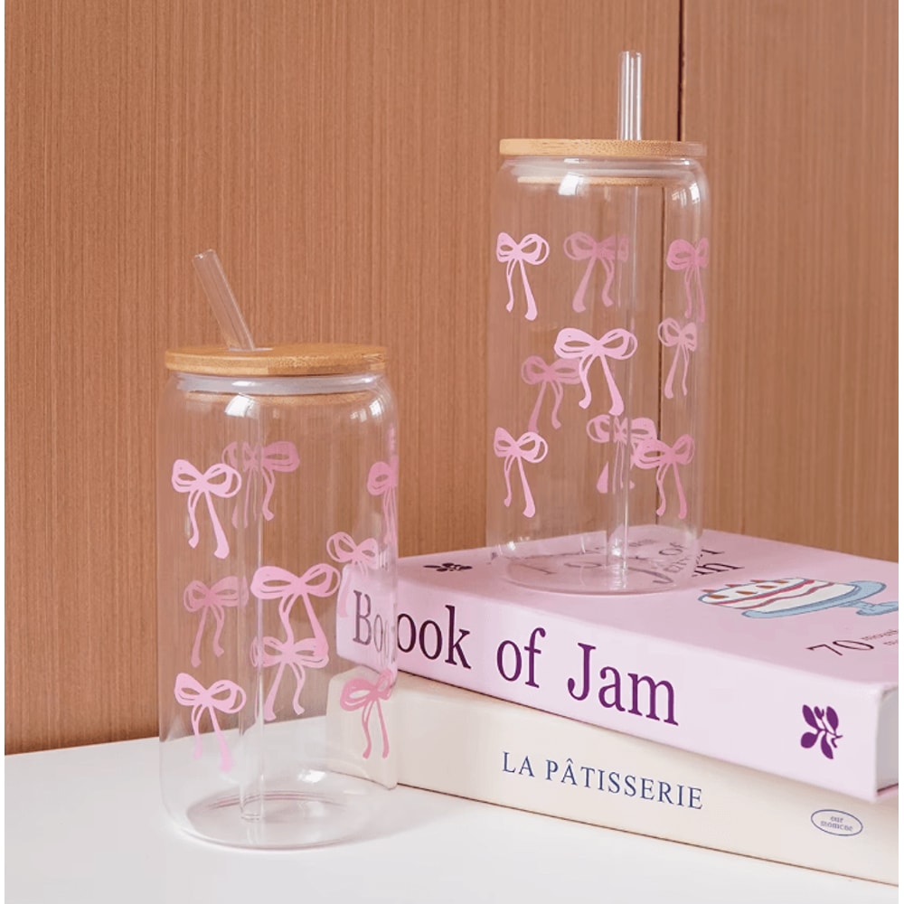 Bow Glass Cup With Lid And Straw Aesthetic Cute Drinking Tumbler For Coffee Milk 0