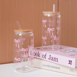 bow glass cup with lid and straw – aesthetic cute drinking tumbler for coffee & milk