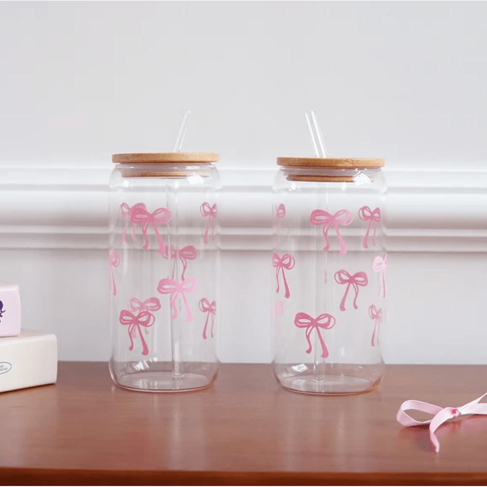 Bow Glass Cup With Lid And Straw Aesthetic Cute Drinking Tumbler For Coffee Milk 1