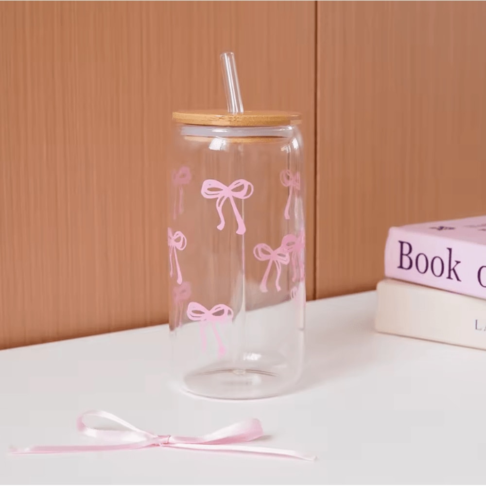 Bow Glass Cup With Lid And Straw Aesthetic Cute Drinking Tumbler For Coffee Milk 2