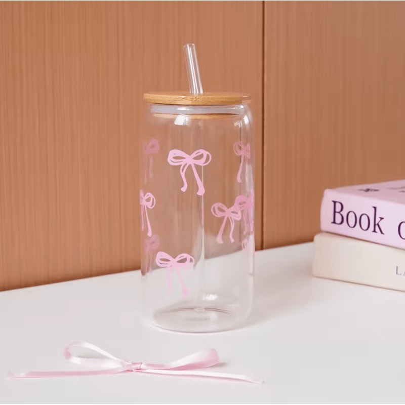 Bow Glass Cup With Lid And Straw Aesthetic Cute Drinking Tumbler For Coffee Milk 2