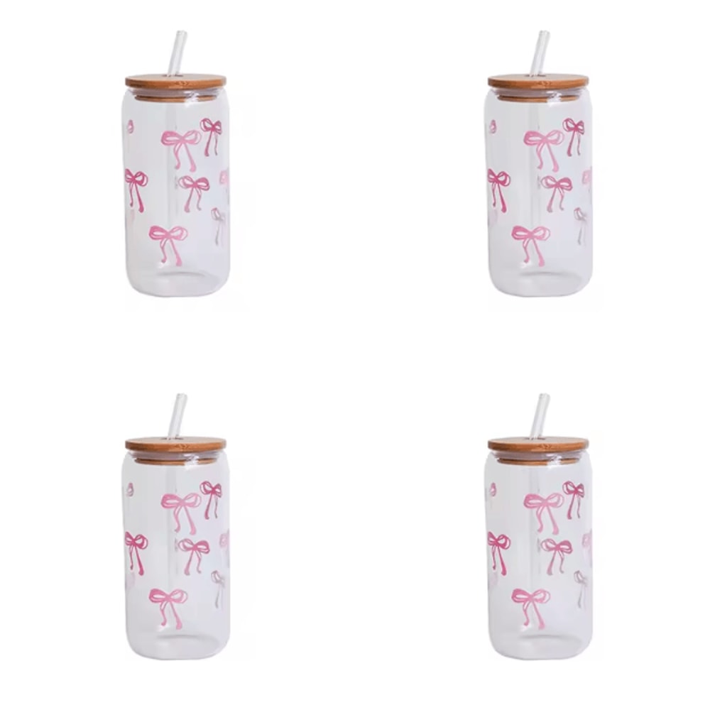 Bow Glass Cup With Lid And Straw Aesthetic Cute Drinking Tumbler For Coffee Milk 3