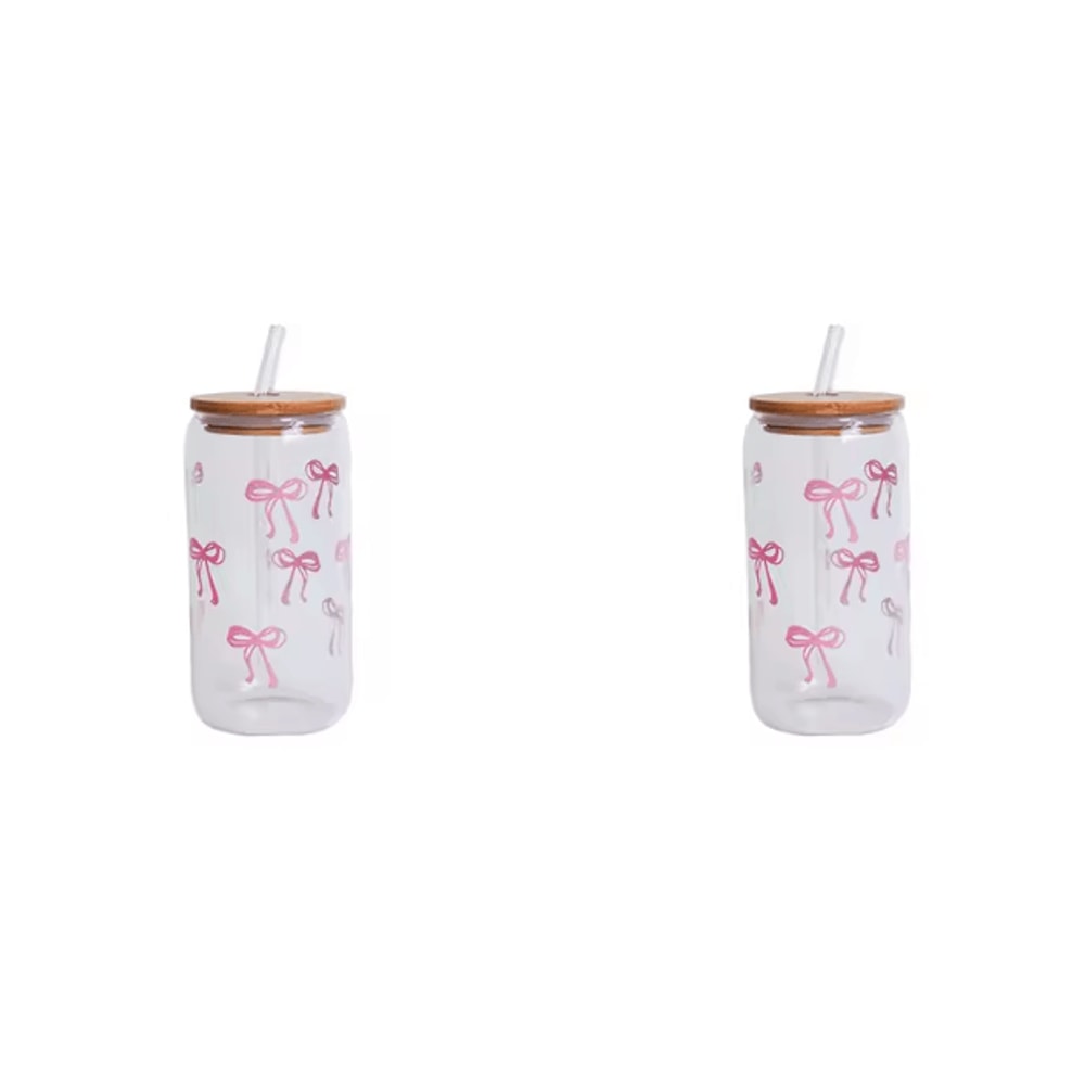 Bow Glass Cup With Lid And Straw Aesthetic Cute Drinking Tumbler For Coffee Milk 4