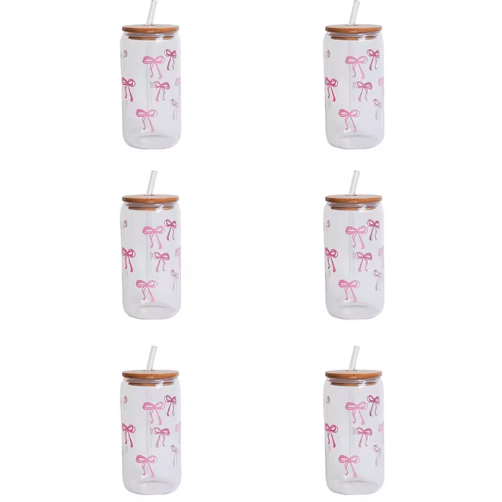 Bow Glass Cup With Lid And Straw Aesthetic Cute Drinking Tumbler For Coffee Milk 5