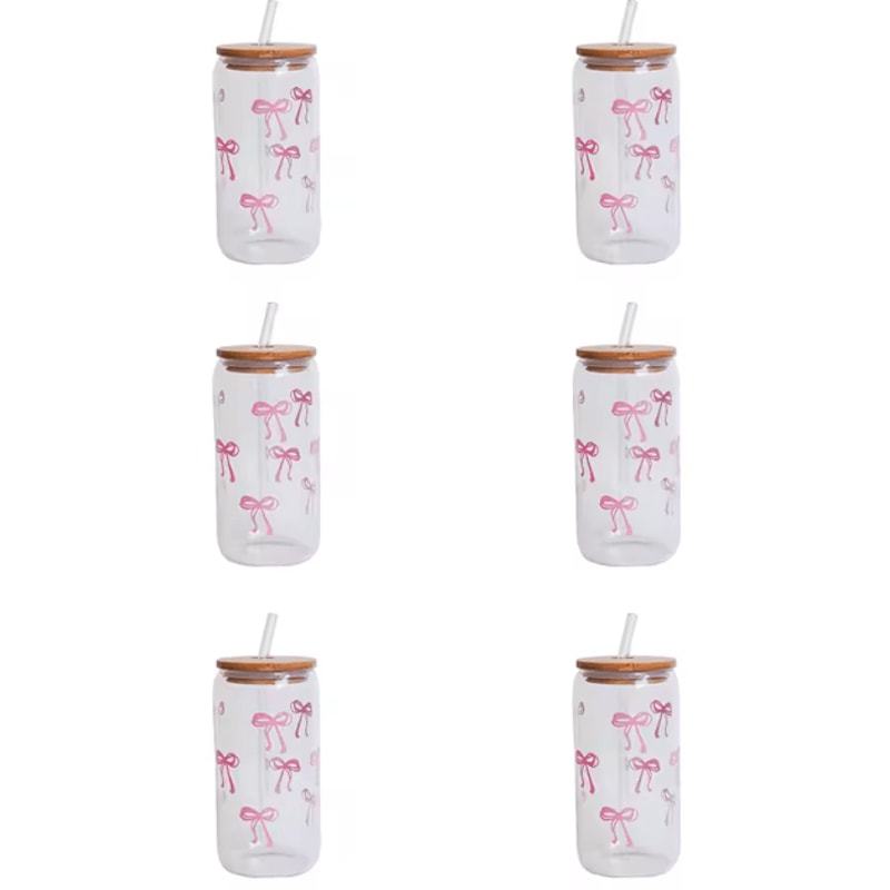 Bow Glass Cup With Lid And Straw Aesthetic Cute Drinking Tumbler For Coffee Milk 5