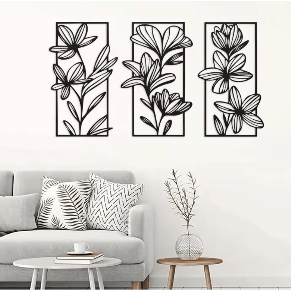 3Piece Metal Flower Wall Art Set Elegant Iron Floral Wall Decor For Modern Home 1
