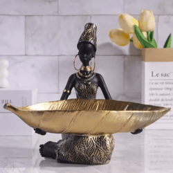 african girl holding a plate sculpture, home and office decorative storage ornament, vintage collectible craft deskt de