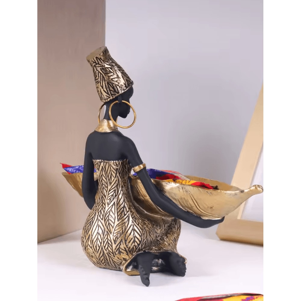 African Girl Holding A Plate Sculpture Home And Office Decorative Storage Ornament Vintage Collecti 1