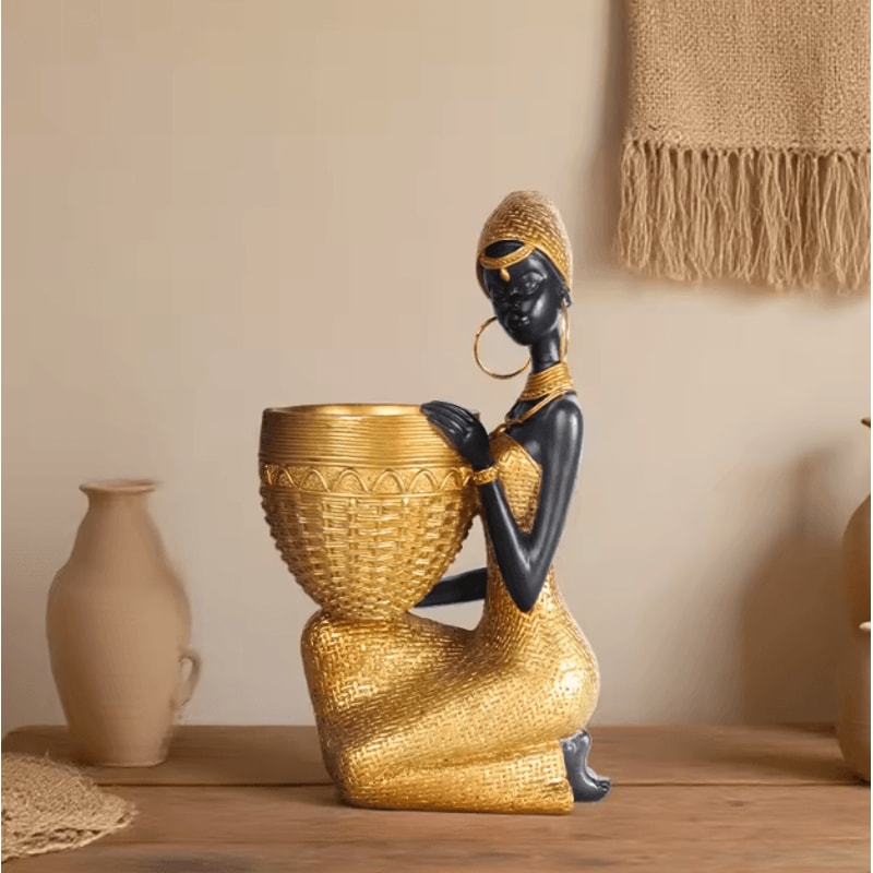 African Girl Holding A Plate Sculpture Home And Office Decorative Storage Ornament Vintage Collecti 4