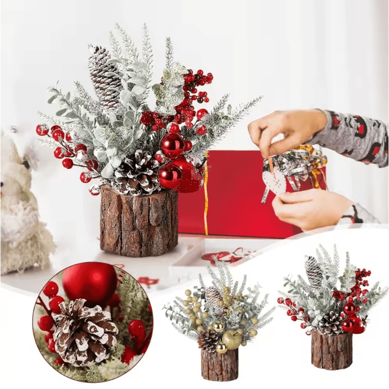 Mini Christmas Tree With Pine Cone Red Berry Tabletop Festive Decor 0