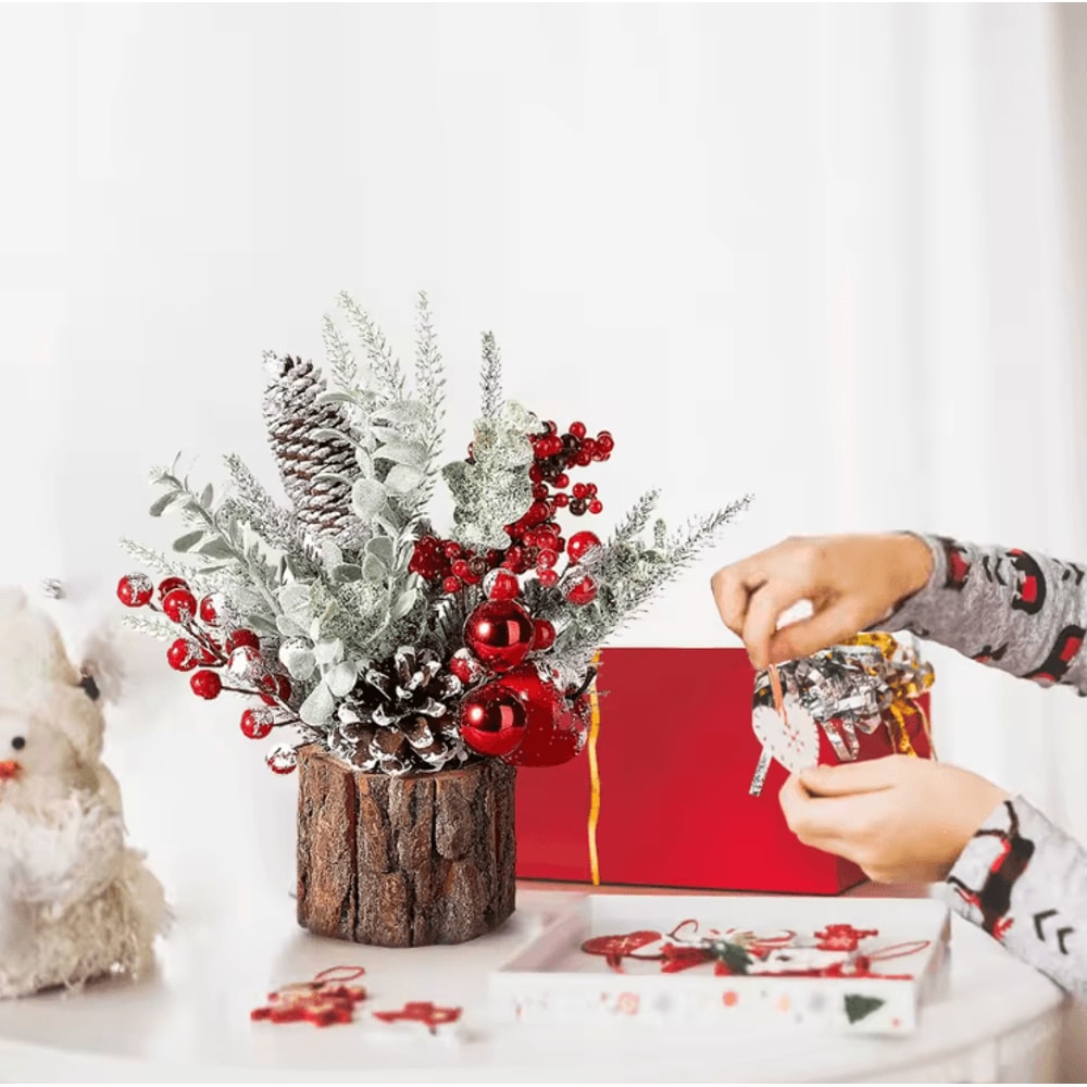 Mini Christmas Tree With Pine Cone Red Berry Tabletop Festive Decor 3