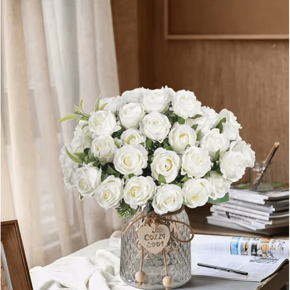 Artificial White Rose Bouquet 10Head Silk Flowers For Wedding Home Event Decor 0
