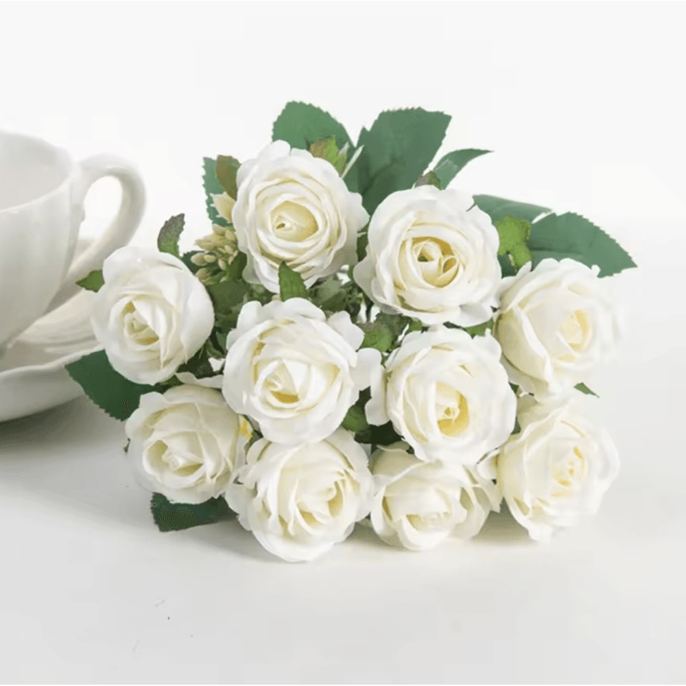 Artificial White Rose Bouquet 10Head Silk Flowers For Wedding Home Event Decor 2