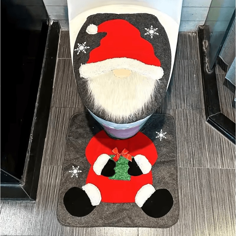 Santa Toilet Seat Cover Set 2PC Christmas Bathroom Decor With Festive Lid Cover Mat 4