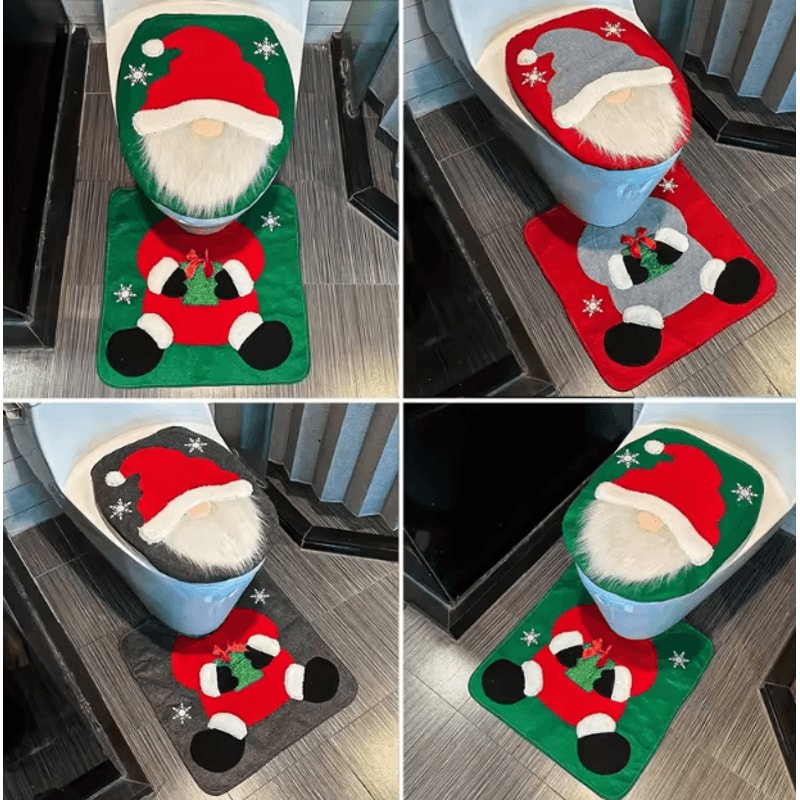 Santa Toilet Seat Cover Set 2PC Christmas Bathroom Decor With Festive Lid Cover Mat 0