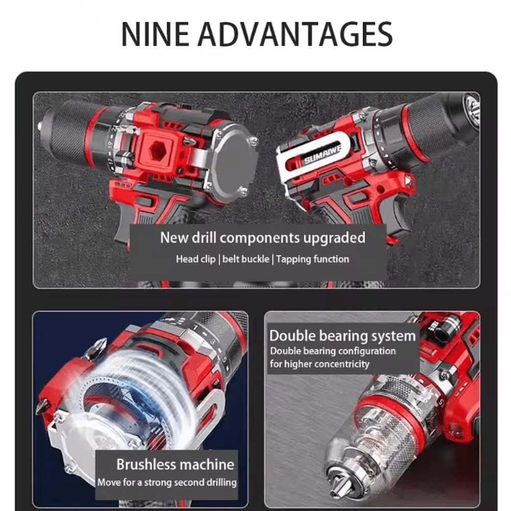 168V Brushless Cordless Impact Drill HighTorque Metal Chuck Electric Screwdriver Kit 1