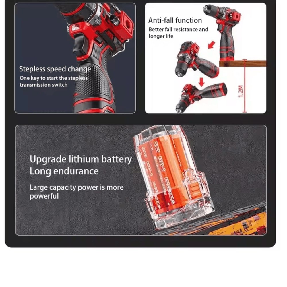 168V Brushless Cordless Impact Drill HighTorque Metal Chuck Electric Screwdriver Kit 2