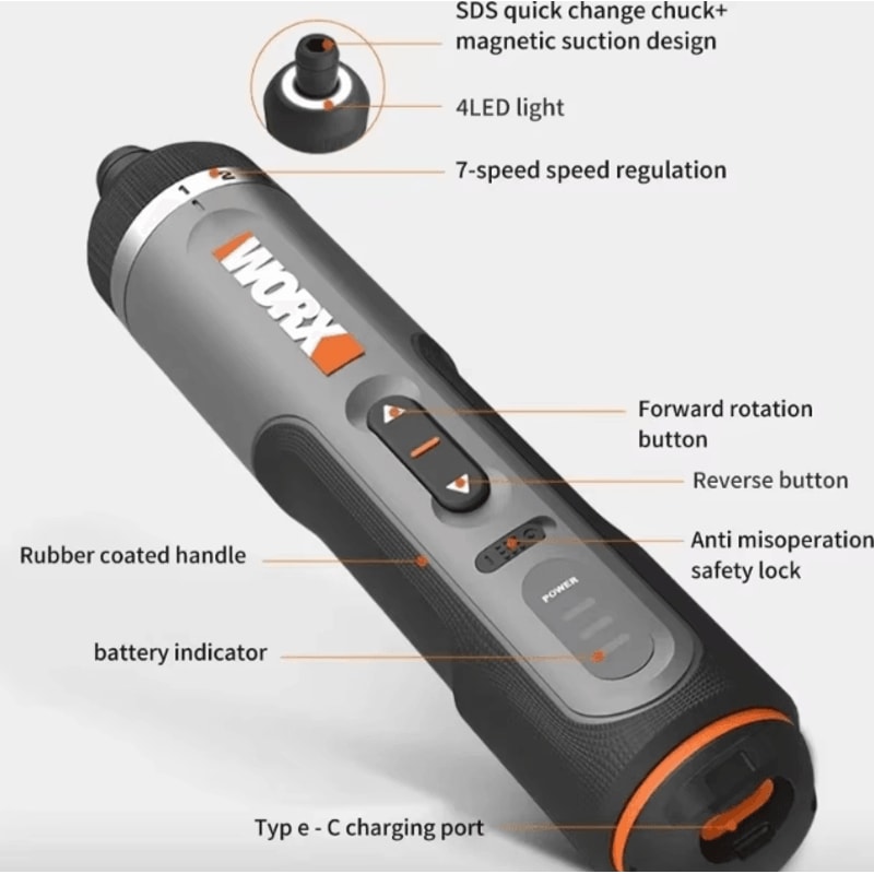Worx WX242 Smart Cordless Electric Screwdriver Set 30 Bit USB Rechargeable Precision Drill Kit 2