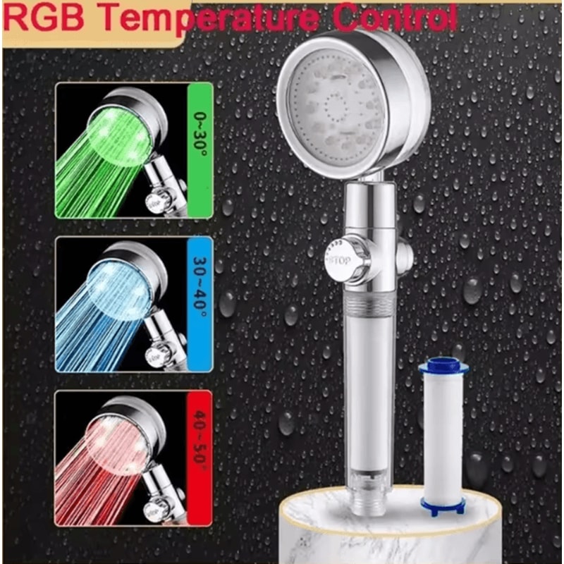 7Color LED Temperature Control Shower Head HighPressure Water Saving Filter Shower Sprayer 3