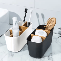 bamboo electric toothbrush holder organizer – multi-compartment bathroom storage box for toothbrush, razor & makeup brus
