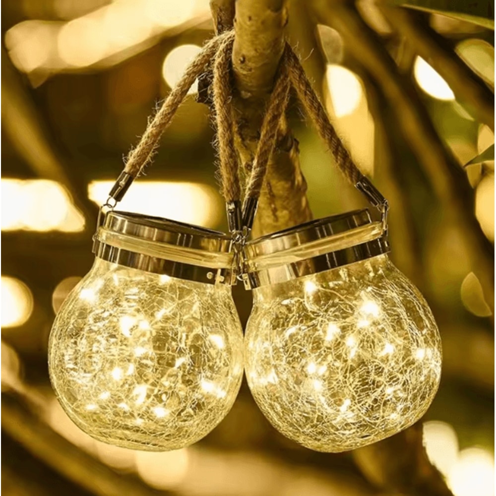 Solar Cracked Glass Jar Lamp 30 LED Waterproof Outdoor Hanging Light For Garden Patio Yard 0