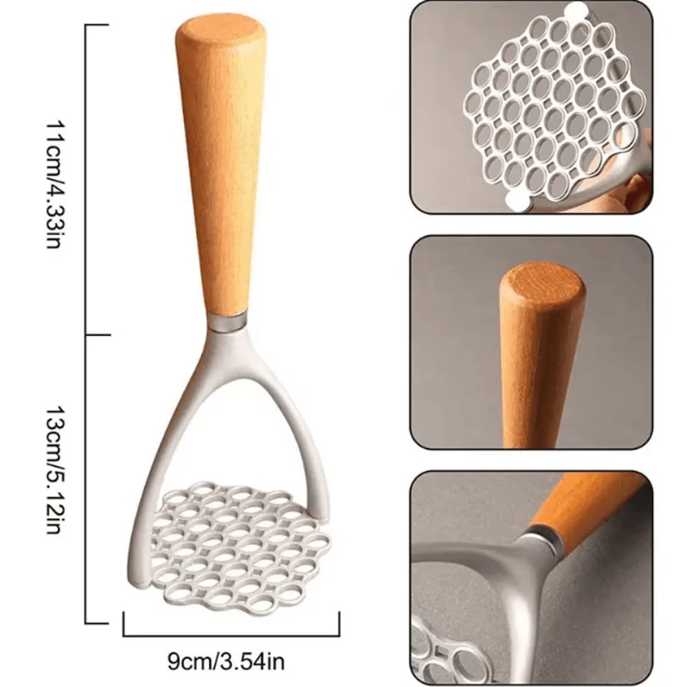 Aluminum Manual Potato Masher HeavyDuty Wooden Handle Kitchen Crusher Food Mashing Tool 1