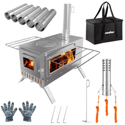 portable hot tent wood stove with chimney pipes for outdoor cooking & heating