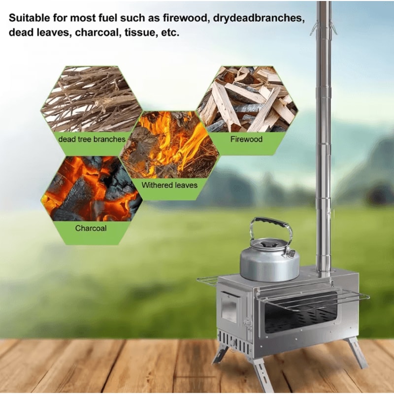 Portable Hot Tent Wood Stove With Chimney Pipes For Outdoor Cooking Heating 3