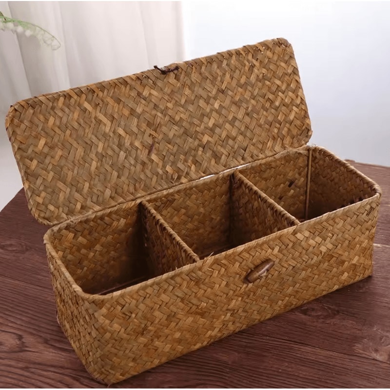 3Grid Handwoven Storage Basket With Lid DustProof Rectangular Organizer Box 0