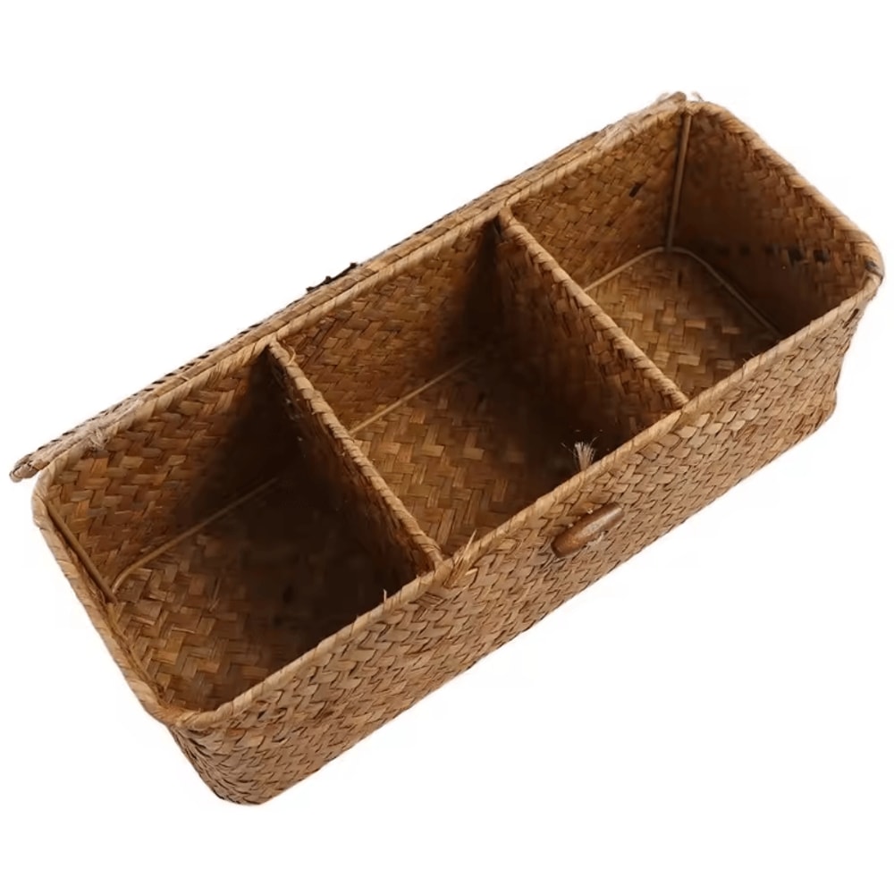 3Grid Handwoven Storage Basket With Lid DustProof Rectangular Organizer Box 2