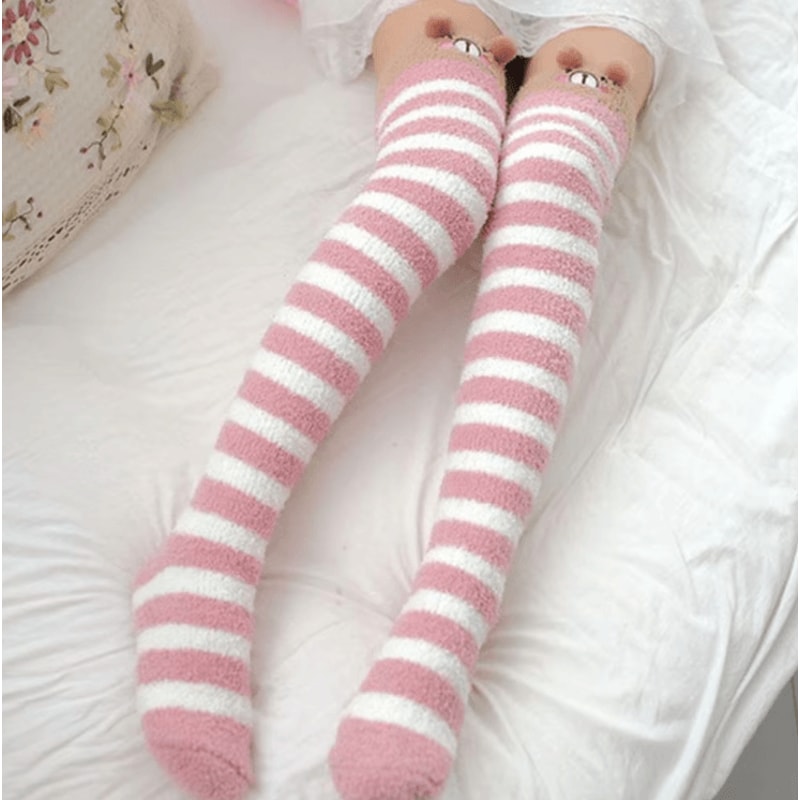 Kawaii Animal Print Thigh High Socks Cute Striped Japanese Warm Knee Socks 0