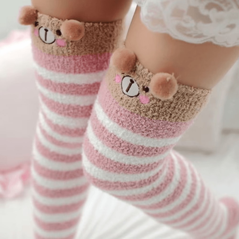 Kawaii Animal Print Thigh High Socks Cute Striped Japanese Warm Knee Socks 2
