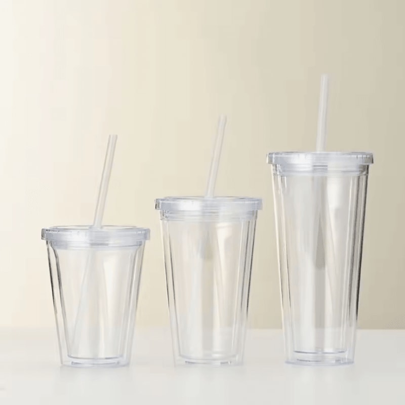 DoubleLayer Clear Tumbler With Straw Insulated Smoothie Iced Coffee Cup 0