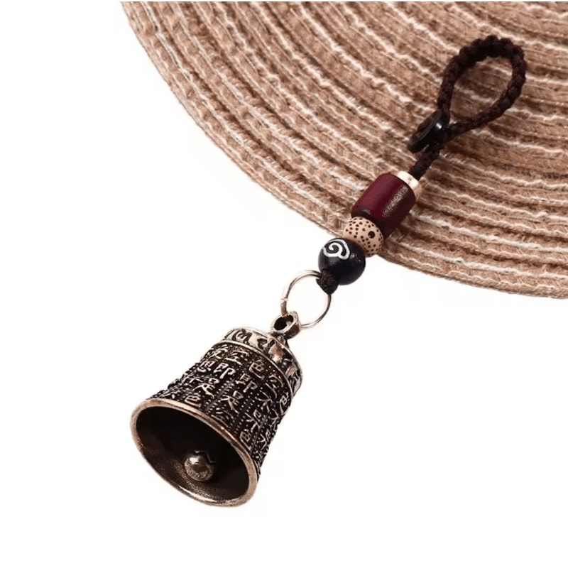 Vintage Brass Buddhist Bell Keychain Engraved Mantra Lucky Feng Shui Pendant 0