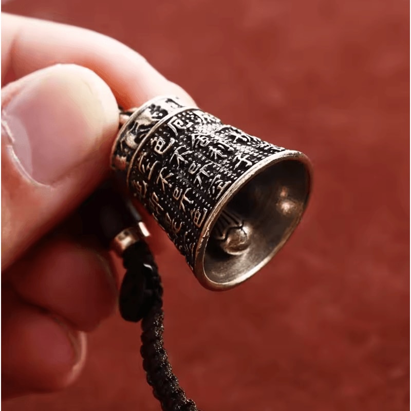 Vintage Brass Buddhist Bell Keychain Engraved Mantra Lucky Feng Shui Pendant 1