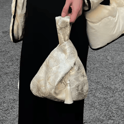 chinese style tassel knot wrist bag – floral mini cosmetic & lunch pouch