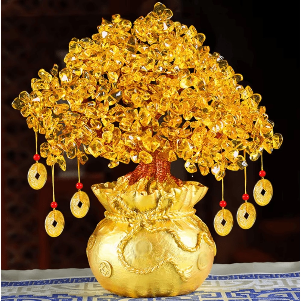 Natural Crystal Money Tree With Fortune Bag Feng Shui Lucky Tree Decor For Wealth Prosperity 0