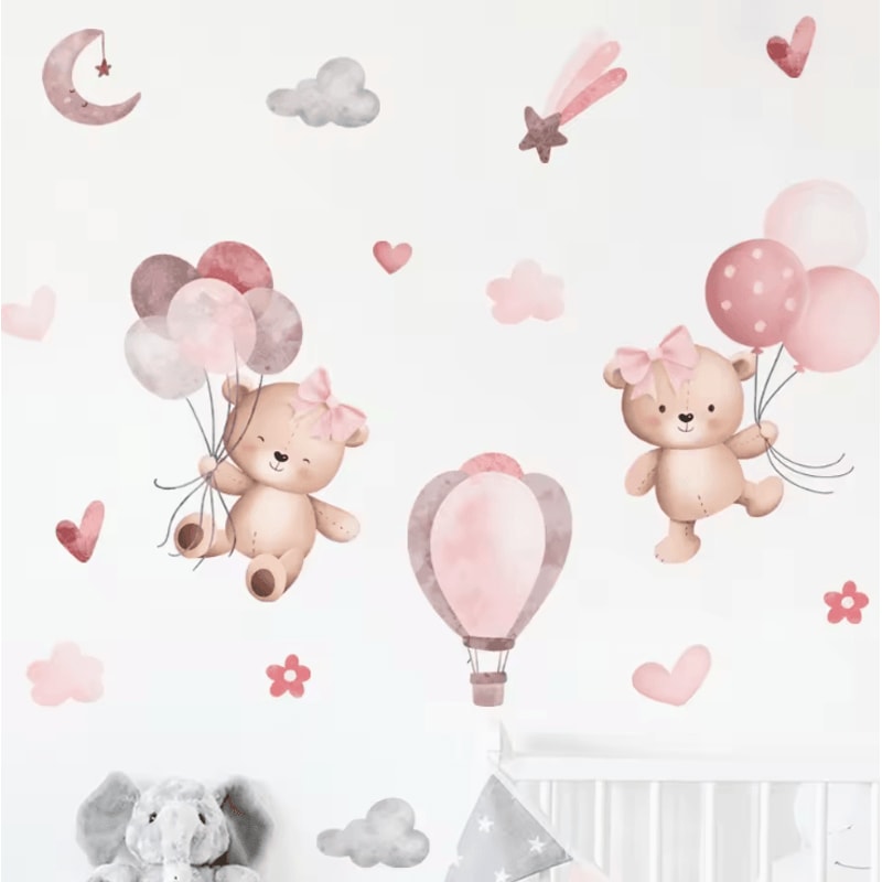 Pink Cartoon Bear Wall Stickers Cute Nursery Wall Decals For Kids Room Baby Decor 0