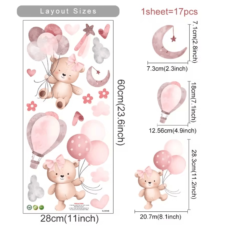 Pink Cartoon Bear Wall Stickers Cute Nursery Wall Decals For Kids Room Baby Decor 2