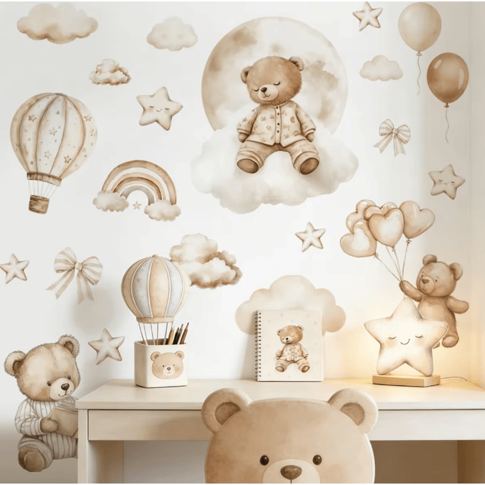 Boho Teddy Bear Balloon Wall Stickers Watercolor Nursery Wall Decals For Kids Room Decor 0