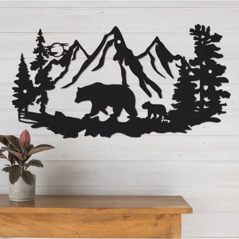 Rustic Metal Bear Wall Decor With Pine Trees Cabin Lodge Wildlife Art 2