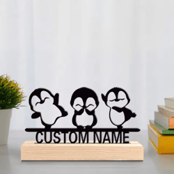personalized penguin metal statue trio with wooden base – cute custom desk decor