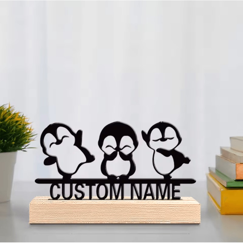 Personalized Penguin Metal Statue Trio With Wooden Base Cute Custom Desk Decor 0