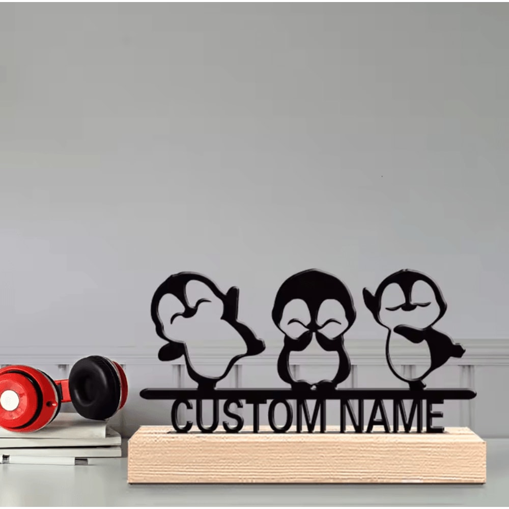 Personalized Penguin Metal Statue Trio With Wooden Base Cute Custom Desk Decor 1