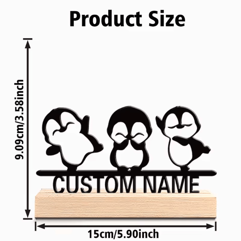 Personalized Penguin Metal Statue Trio With Wooden Base Cute Custom Desk Decor 2